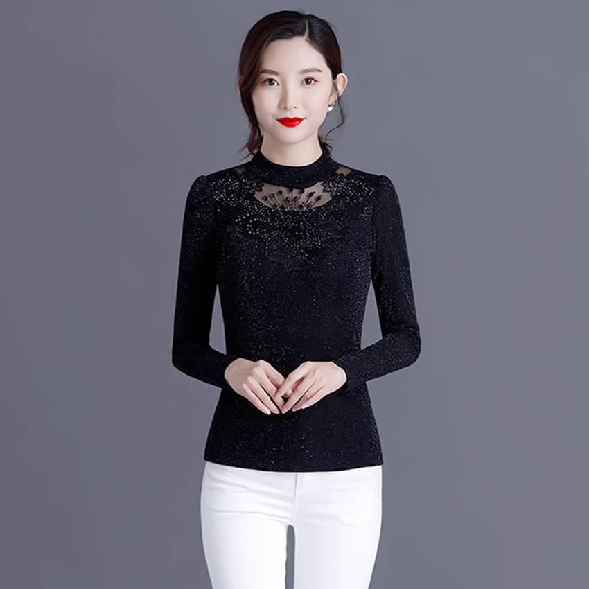 秋装冬季女士半高领女装上衣加绒加厚蕾丝打底衫长袖t恤秋天衣服